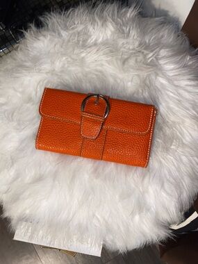 Orange Textured Leather Wallet with Buckle Closure